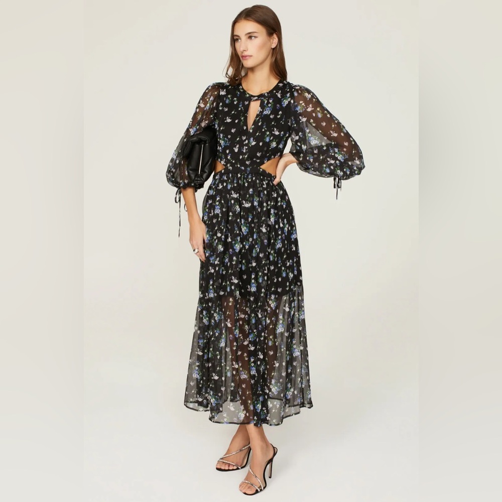 Maje Black Sheer Floral Maxi Dress with Blue and White Accents